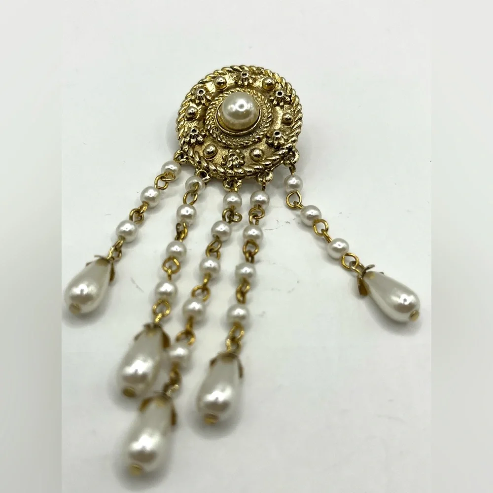 Gold Tone and  Pearl Brooch Waterfall Victorian Style Brooch Teardrop